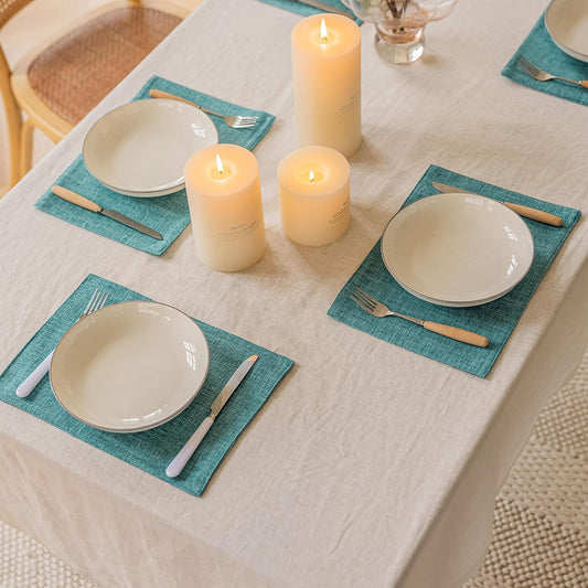 Home Brilliant Linen Placemats Set of 6 Heat Resistant Dining Table Place Mats for Kitchen Table, 13 x 19 inches, Peacock