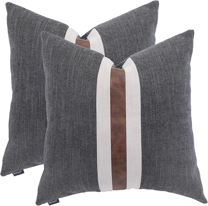 Set of 2 Leather Throw Pillow Covers Cotton Linen Decor Patchwork Pillow Cover Faux Leather Pillows Cover for Couch Sofa Living Room Bedroom,Black 16"x16"