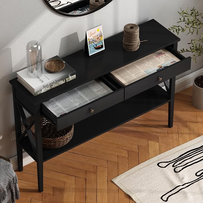 ChooChoo 47" Console Table with Drawers, Narrow Wood Accent Sofa Table Entryway Table with Storage Shelf for Entryway, Front Hall, Hallway, Living Room, Black
