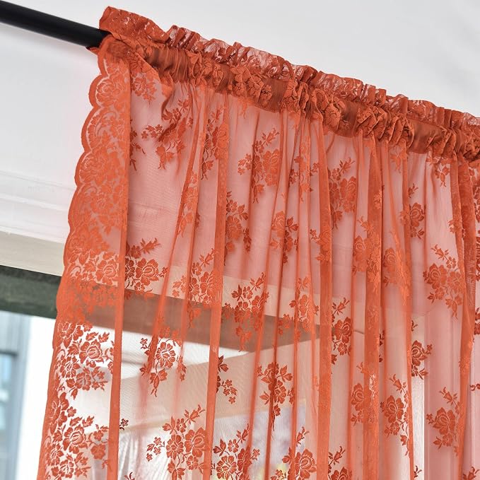 Kotile Burnt Orange Curtains 72 Inch Length, Country Rustic Floral Patterned Rust Orange Sheer Curtains for Bedroom, Rod Pocket Privacy Lace Sheer Fall Curtains, 52 x 72 Inch, 2 Panels, Rust Orange