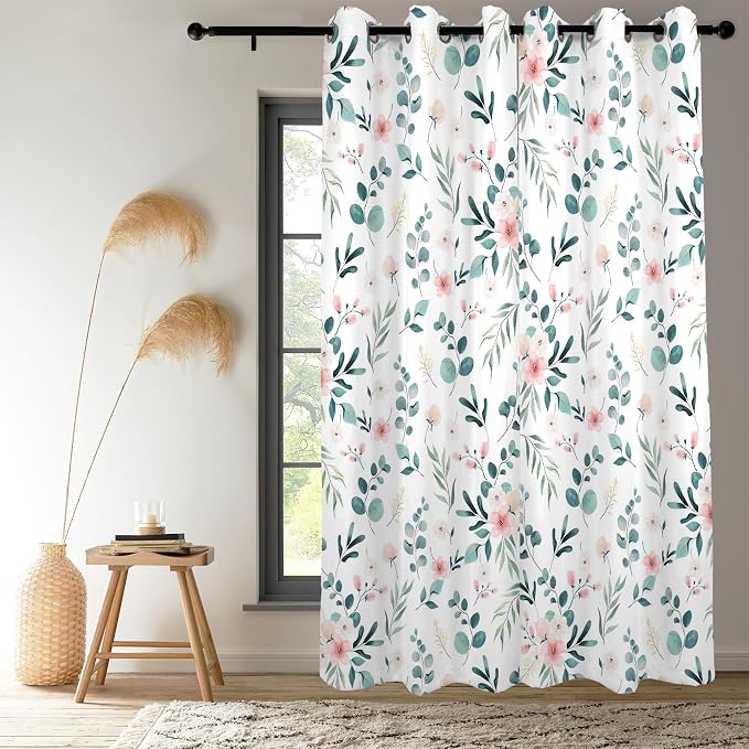 Renaiss Leaf Curtains Green Leaves Print Blackout Window Curtains for Bedroom Botanical Plants Grommet Top Room Darkening Window Drapes for Living Room 42W x 84L Inch Two Panel Set