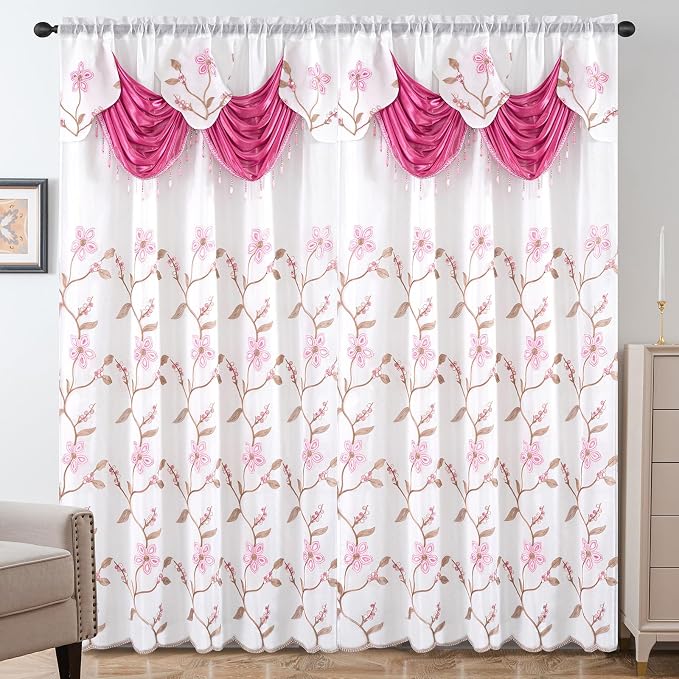 Petrichor Embroidered Sheer Curtain 2 Panels Set - Luxury Window Curtain Attached Valance with Satin Backing and 2 Tie Backs for Living Room,Dining Room, 54x84 inches, Rose