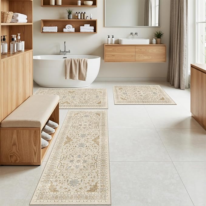 Madane Washable Kitchen Rug Set of 3 Small Area Rugs Non-Slip, Beige/Blue | Vintage Hallway Entryway Door Mat Indoor Entrance Low Pile Floor Carpet Runner for Inside Front Entry Laundry 2x3+2x4+2x5
