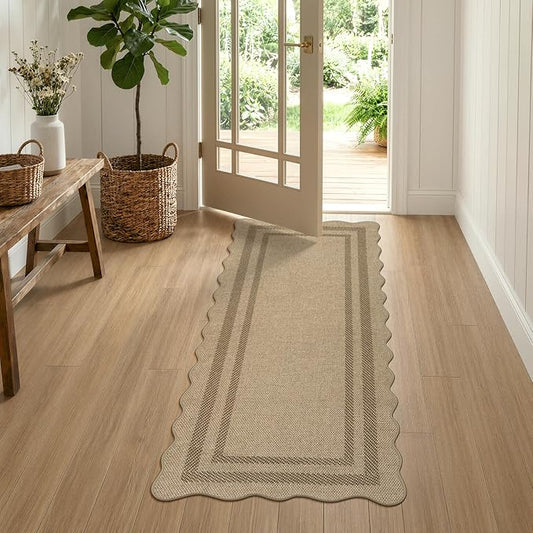 LIVEBOX Scalloped Easy Jute 2x5 Runner Kitchen Rug, Washable Non Slip Tan Rugs for Entryway Hallway, Indoor Outdoor Rug Geometric Farmhouse Carpet Door Mat Runners for Porch Bedroom Laundry Room