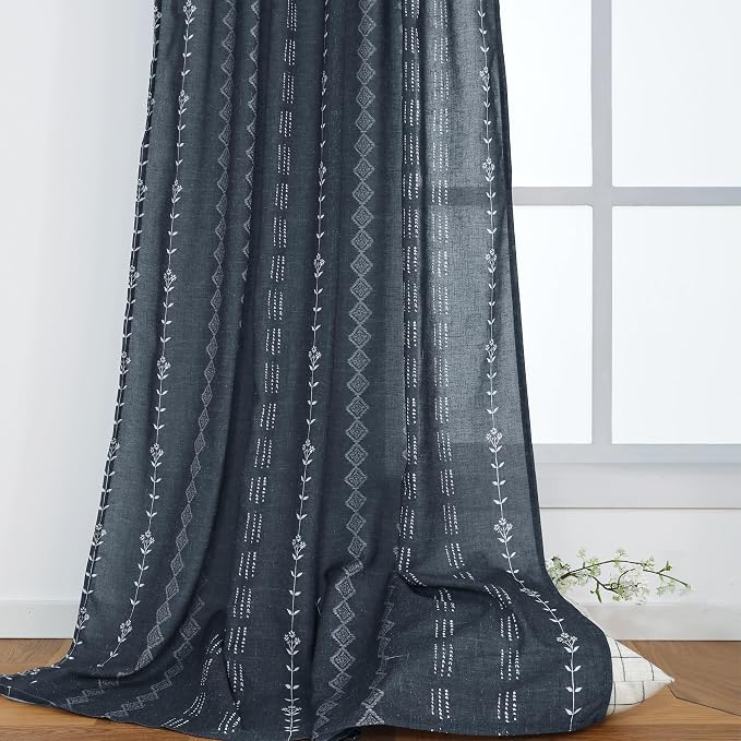 Navy Blue and White Patterned Curtains,Floral Boho Striped Print Farmhouse Winter Pattern Curtains for Living Room Bedroom 84 Inch Length