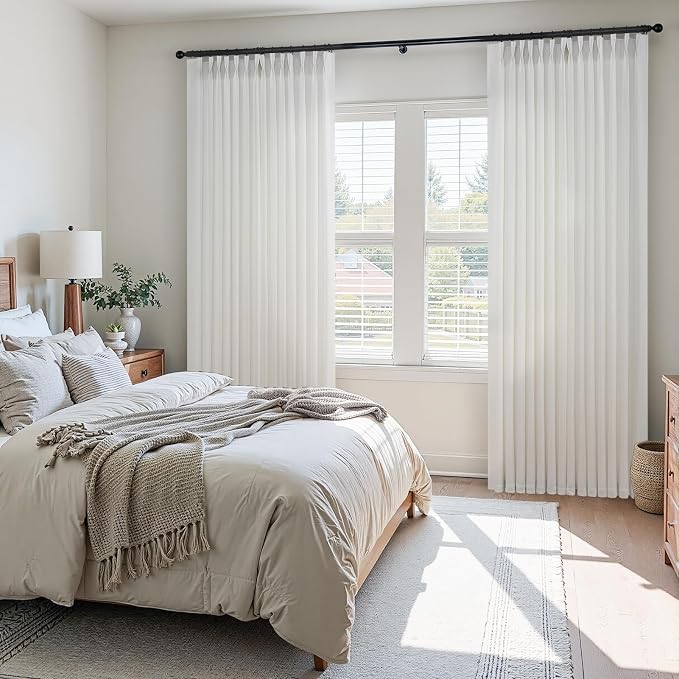 Home Beige White Pinch Pleated Semi Sheer Curtains Textured Linen Blended Light Filtering Window Curtains 108 inch for Living Room Pinch Pleat Drapes with Hooks 2 Panels 40" Wx108 L