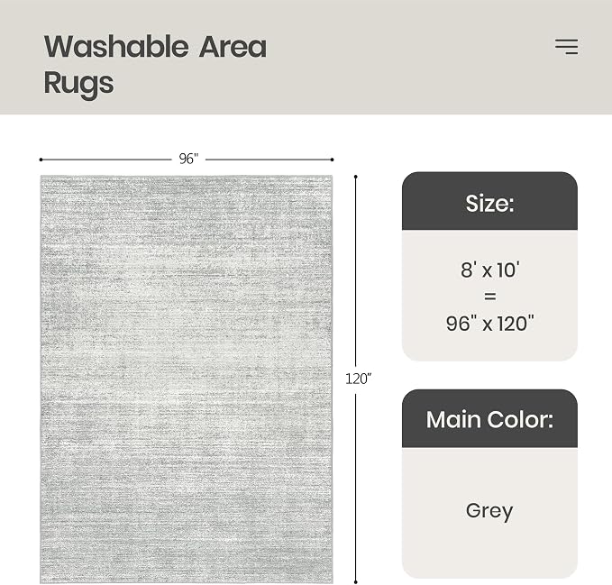Valenrug Washable Rug 8x10 - Stain Resistant 8x10 Area Rugs for Living Room, Non Slip Backing Printed Rugs for Bedroom, Folable Machine Washable Area Rug (8'x10', Grey)