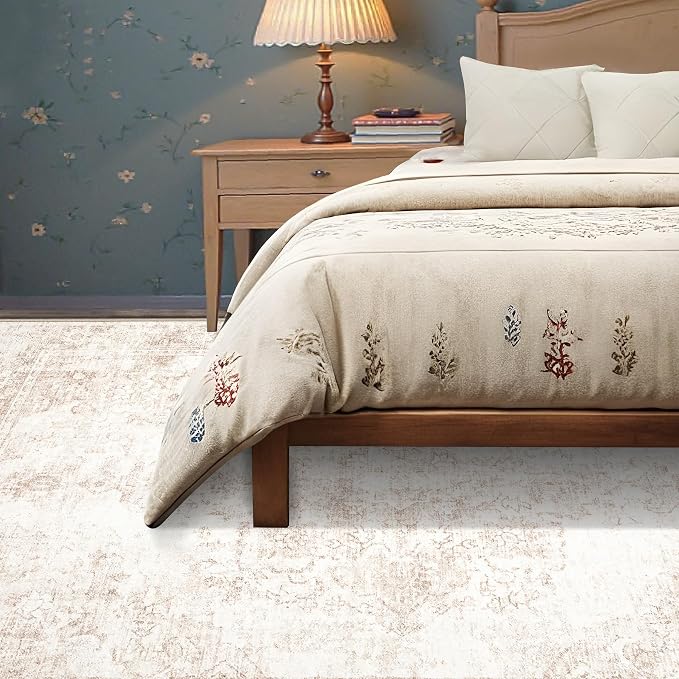 Area Rug 5x7 Vintage Rug: Washable Indoor Medallion Rugs Low Pile Distressed Floor Carpet Retro Accent Rug for Living Room Bedroom Kitchen Dining Table Home Office(Retro Beige, 5'x7')