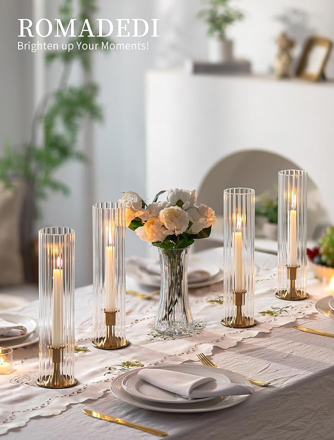 Romadedi Hurricane Glass Candle Holder: Set of 2 Gold Taper Candle Sticks Holder with Ribbed Cylinder Cover & Weighted Base for Coffee Table Centerpiece Christmas Wedding Outdoor Decor