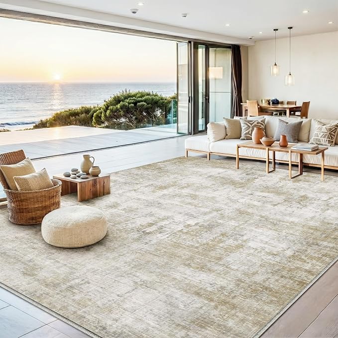 10x14 Area Rugs Washable Living Room Rug-No Slip Soft Carpets Modern Abstract Indoor Floor Stain Resistant Large Carpet for Bedroom Dining Room Farmhouse Nursery Home Office Tan