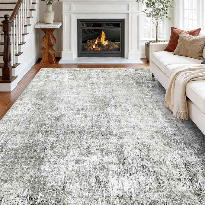 RELEANY Washable Area Rugs 7'x9' Non-Slip Modern Abstract Soft for Living Room Entryway Bedroom Kitchen, Print Pattern, Gray White Grey