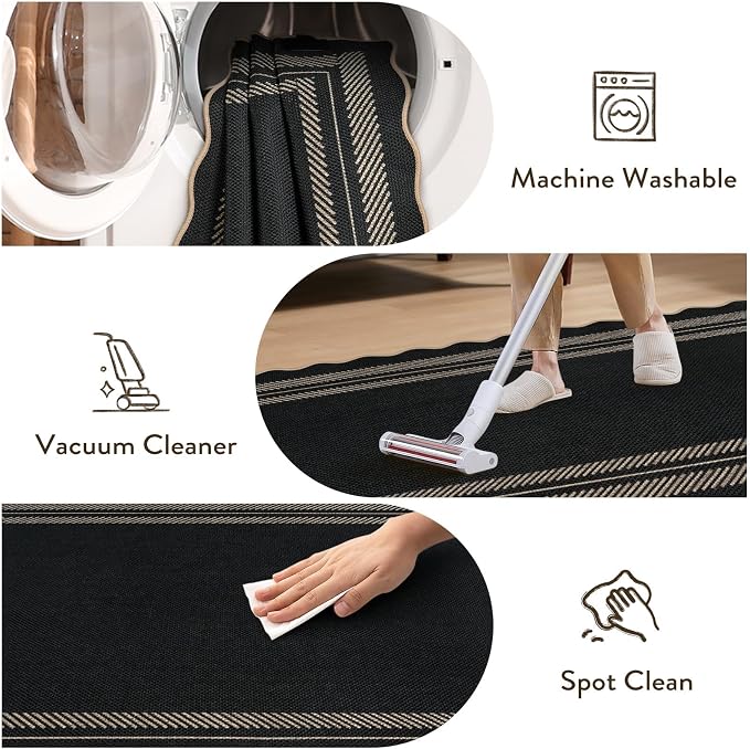 LIVEBOX Scalloped 2x6 Kitchen Runner Rug, Easy Jute Black Rugs for Entryway Hallway, Indoor Outdoor Washable Non Slip Rug Farmhouse Modern Carpet Door Mat for Porch Bedroom Laundry Room 6ft Entry