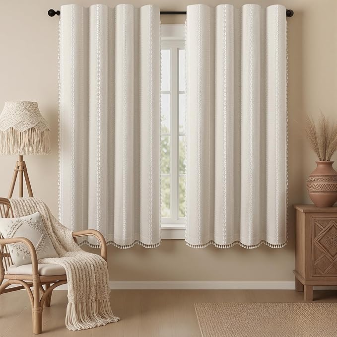 Ivory Boho Blackout Curtains 2 Panels 63 Inch for Living Room Bedroom, Beige Linen Texture Farmhouse Curtains with Tassels and Cotton Embroidery Vintage Rustic Western Rod Pocket