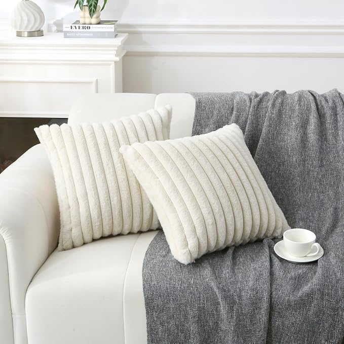 Decorative Throw Pillow with Inserts, Set of 2 Soft Faux Fur Throw Pillows, Square Boho Striped Pillow for Couch, Bed, Sofa Decor (Beige, 20" x 20"(Pack of 2))