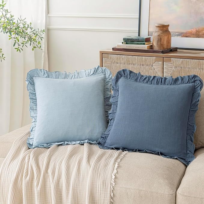 Foindtower Set of 2 Decorative Linen Fringe Ruffle Throw Pillow Covers Soft Boho Farmhouse Cushion Cover Cozy Accent Retro Pillowcase for Couch Sofa Bed Living Room Home Decor,20×20 Inch,Coronet Blue