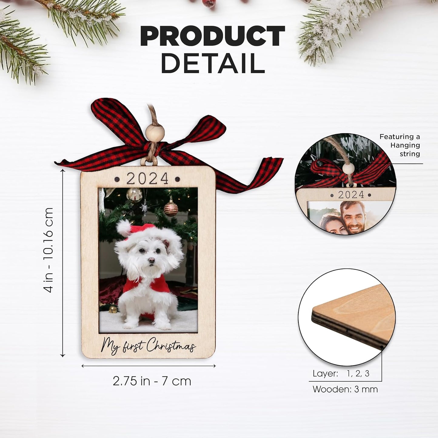 Christmas Photo Frame Ornament, 2025 Ornament, Wooden Picture Frame Ornaments With Hanging String (Dog)