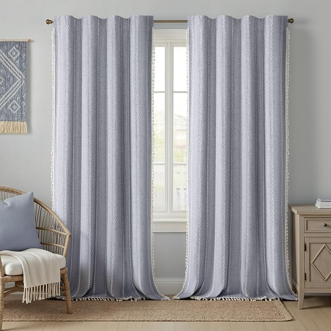 Blue Boho Blackout Curtains 2 Panels 96 Inch for Living Room Bedroom, Linen Texture Farmhouse Curtains with Tassels and White Cotton Embroidery Vintage Rustic Country Western