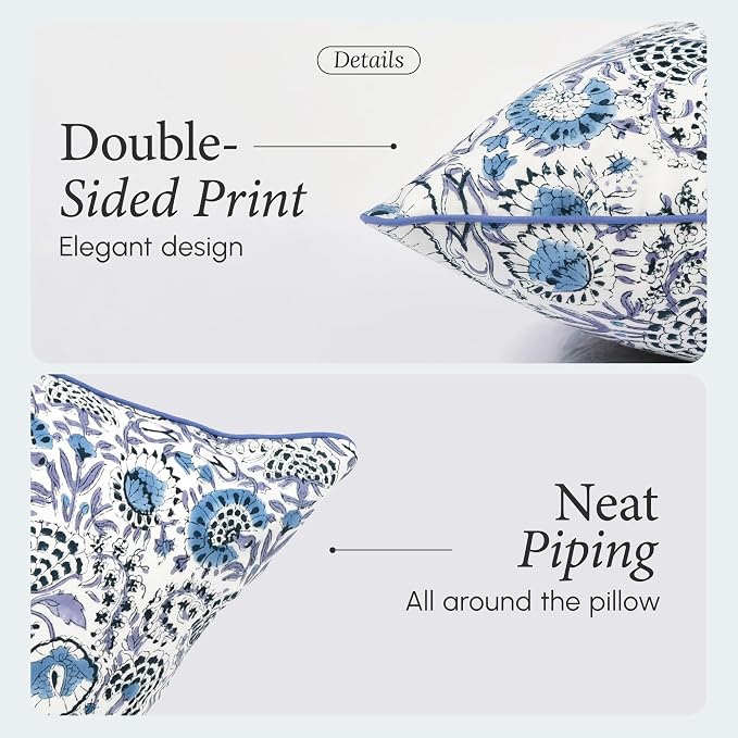 CPC 100% Cotton Throw Pillow Covers 20x20 Inch, Set of 2 Blue Block Print Pattern Couch Pillow, Cute Boho Decorative Pillows for Living Room, Bedroom with Hidden Zipper- Indigo Blue