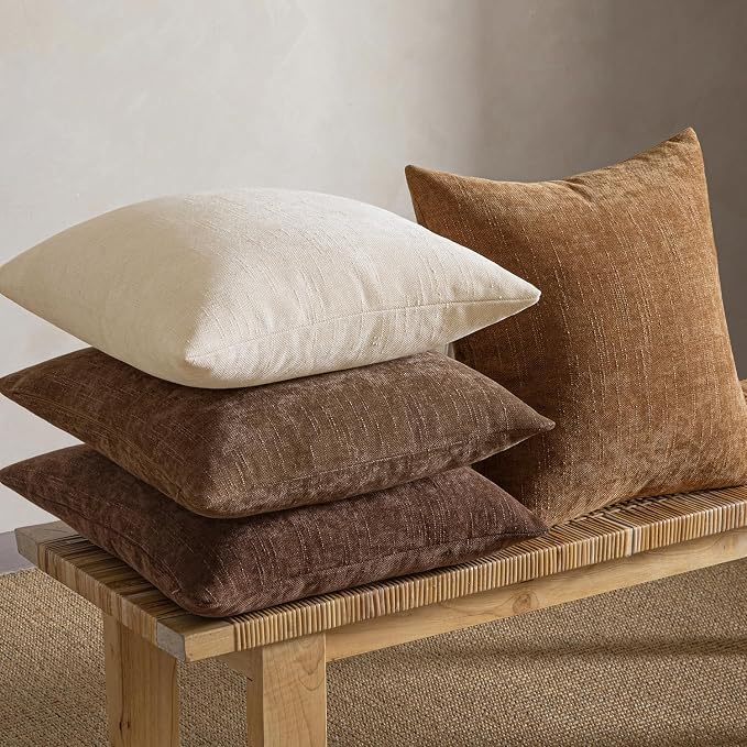 MIULEE Pack of 4 Fall Decorative Throw Pillow Covers 20x20 Inch Chenille Textured Throw Pillows Boho Farmhouse Rustic Cushion Covers Vintage Home Decor for Couch Sofa Bed Living Room，Dark Brown
