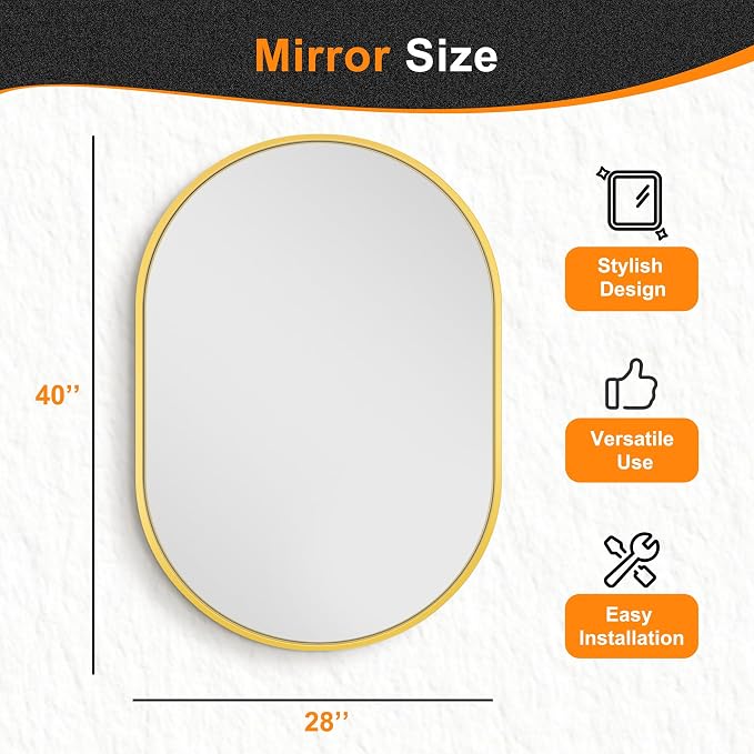 Oval Bathroom Vanity Mirror for Wall, 40''x28'' Gold Oval Bathroom Mirror for Over Sink, Bedroom, Living Room, Entryway, HD Tempered Glass, Wall Mounted Horizontally or Vertically