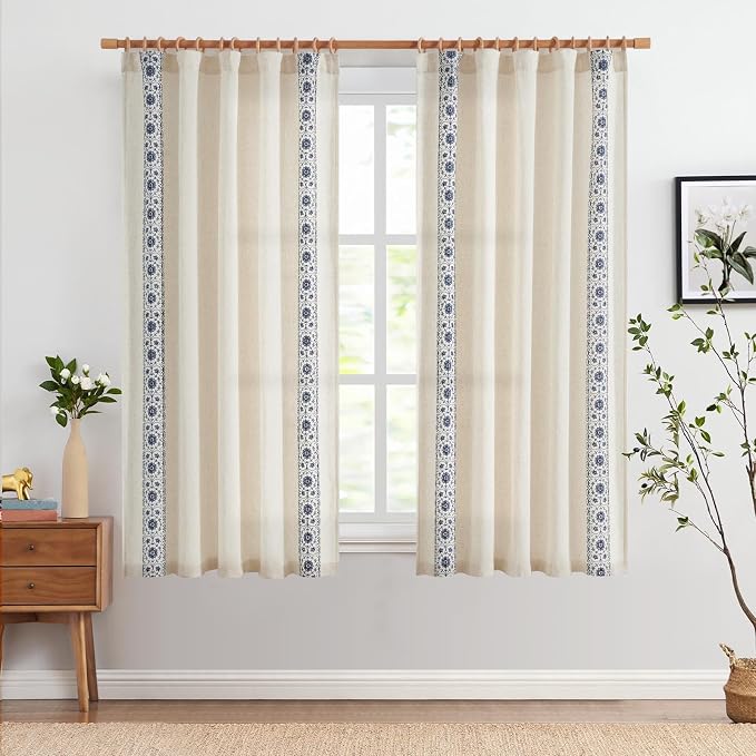 jinchan Weslie Boho Curtains for Bedroom Blue Vintage Floral Farmhouse Curtains 63 Inch Length Linen Drapes for Living Room Embroidered Light Filtering Drapes Rod Pocket Blue on Beige 2 Panels