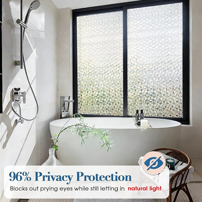 Windimiley Frosted Glass Window Privacy Film, 3D Diamond, 17.5" x 118.1" | Static Cling No Glue Removable, UV Heat Blocking, Decorative Window Film, Renter Friendly for Bathroom Bedroom Door