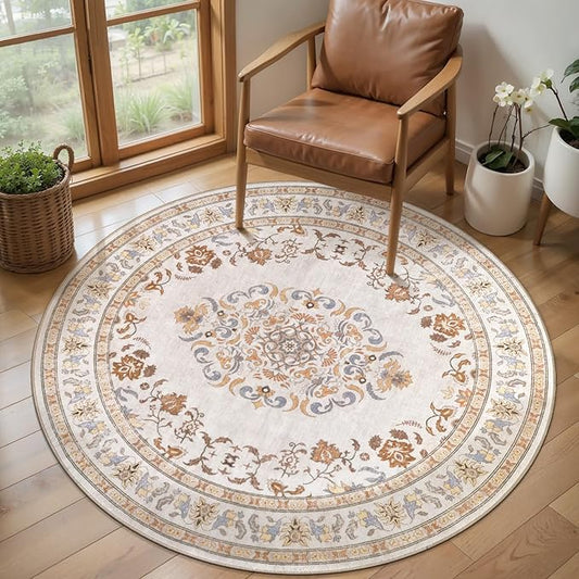 Tangsoo Vintage Round Rug 4ft Washable Circle Rug, Non Slip Small Beige Round Rug, Low Pile Neutral Farmhouse Circular Rugs, Machine Washable Round Carpet for Bedroom,Entryway,Nursery,Kitchen,Office