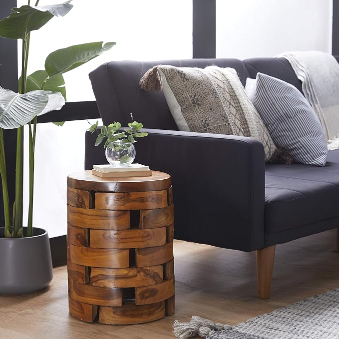 Deco 79 Teak Wood Handmade Side End Accent Table Live Edge End Table with Brick Inspired Design, Side Table 14" x 14" x 18", Light Brown
