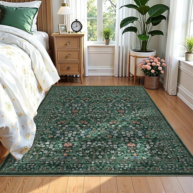 GarveeHome Floral Area Rugs 5x7, Washable Rug for Living Room, Bedroom, Low Pile Non Slip Stain Resistance Indoor Boho Carpet Mat for Farmhouse, Dining Room, Office, Dark Green