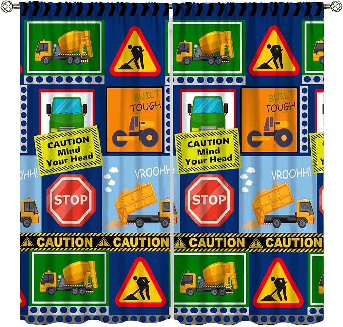 Kids Construction Blackout Curtain,Equipment Trucks Cartoon Car Vehicles Green Plaid Window Curtains Dining Room Living Room Kitchen Cafe Bedroom Office Nursery Drapes,42x54 in