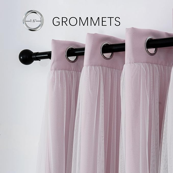 INLINAS Pale Pink Blackout Curtains with Sheer Overlay - Grommet Top Thermal and Noise Reduction Panels for Bedroom and Living Room Light Blocking and Energy Saving, 37 x 72 Inches, Set of 2