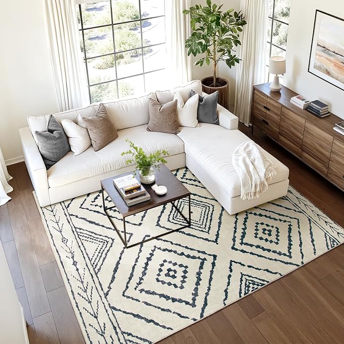 BESTSWEETIE Area Rug 5x7 Rug Machine Washable Non-Slip Low Pile Print Pattern Western Rug for Living Room Bedroom Entryway Tribal Series -Navywhite/Black