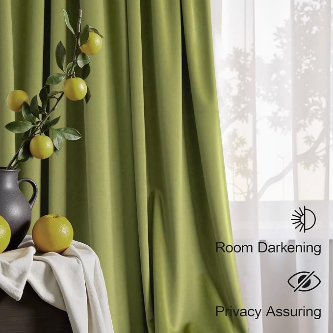 Chartreuse Moss Green Velvet Curtains for Bedroom 96 Inches Long 2 Panels Maximalism Quirky Eclectic Vintage Bold Light Blocking Soundproof Thermal Drape for Living Room Mid Century Modern Psychedelic