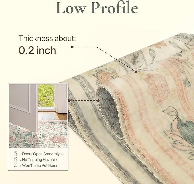 Bavni 2'6''x6 Runner Rug,Microfiber Washable Non-Slip Vintage Floral Rugs,Low Pile Lightweight Carpet for Bedroom,Hallway,Entryway,Kitchen,Bathroom, Beige&Pink