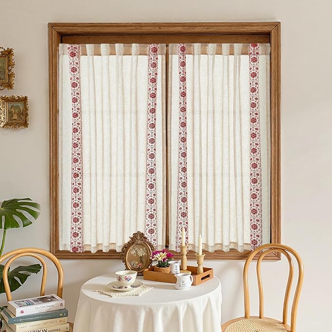jinchan Red Floral Embroidered Short Linen Curtains 54×54 Inches 2 Panels | Light filtering, back tab, rod pocket, cafe curtains for kitchen bedroom living room, cottage farmhouse, small window