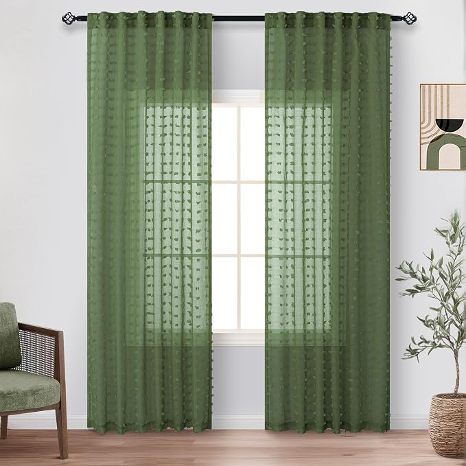 Olive Green Sheer Curtains 84 Inch Length for Bedroom Living Dining Room Country Farmhouse Pom Pom Design Window Treatments Drapes Boho Decor Christmas Green Voile Sheer Curtains 2 Panels Set Back Tab
