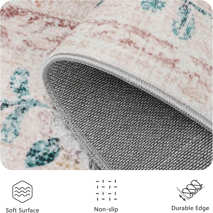 5x7 Area Rugs, Vintage Rugs for Bedroom, Indoor Non-Slip Washable Rug for Living Room, Dining Room, Low Pile Home Decor Floral Rug(Pink Bloom)