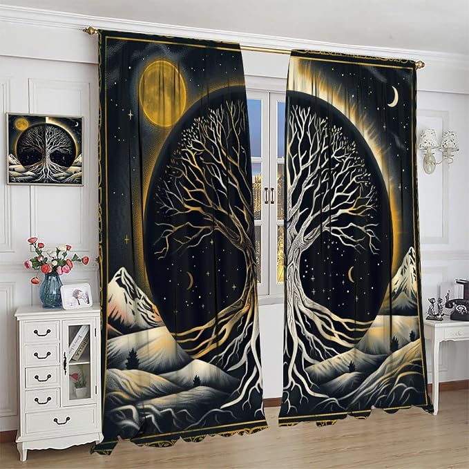 Sun Moon Blackout Curtains, Vintage Country Abstract Tree of Life Bohemian Mystic Window Drapes, for Bedroom Living Room 55" W X 63" L