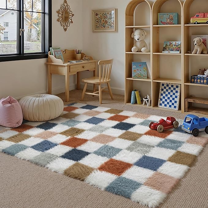 PureCozy Checkered Rug 4x6 for Living Room, Modern Rainbow Shag Rug Super Soft Washable Fluffy Rugs Indoor Fuzzy Carpet for Bedroom Home Dorm Aesthetic Decor