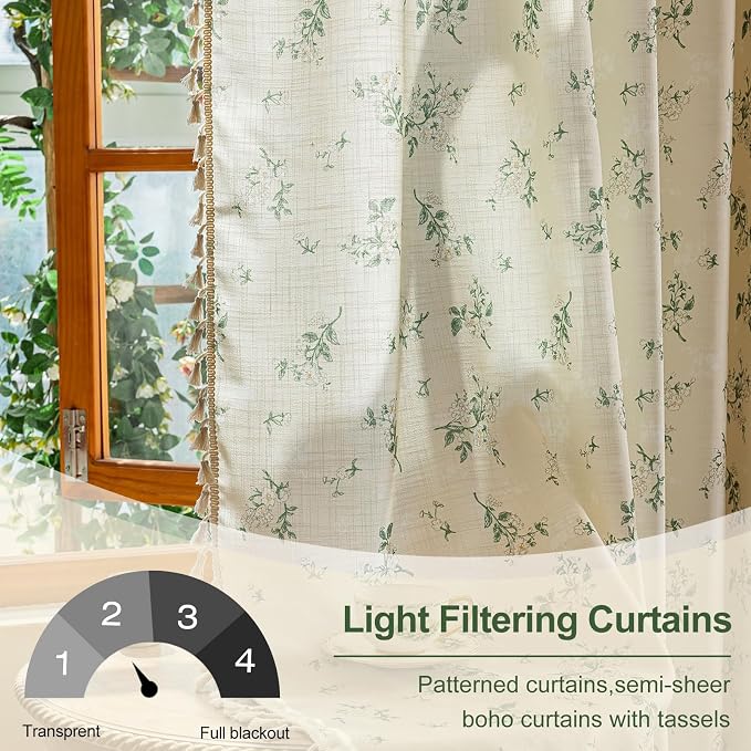 OYX Boho Floral Spring Semi Sheer Curtains 63 Inch Length 2 Panels, Linen Texture Farmhouse Light Filtering Curtains Beige Tassel for Bedroom Living Room Vintage Rustic Patterned Printed Rod Pocket