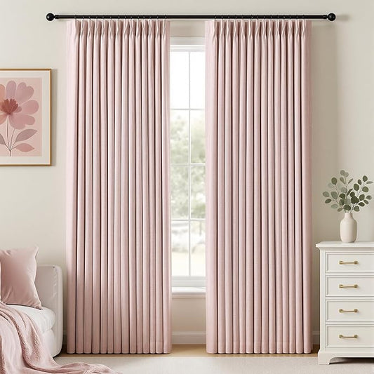 IVAPUPU Pink Pinch Pleated Full Blackout Linen Curtains for Girls Bedroom, Black Out Curtains 95 Inches Long Room Darkening Thermal Insulated Pleat Drapes Baby Pink Dusty Blush for Nursery, 2 Panels