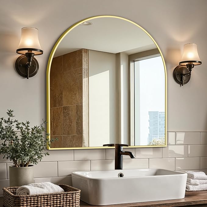 Vanity Bathroom Mirror for Wall, 32”x30” Arched Bathroom Mirror for Over Sink, Arched Metal Frame for Bedroom, Living Room, Entryway, Hanging or Leaning, Gold