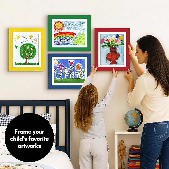 Americanflat - 4 Pack - Kids Artwork Frame Changeable (Multicolor) - Magnetic Door Holds 100 Art Pieces - 8.5x11 Letter Size Display with Mat or 10x12.5 Without Mat - My Mini Masterpiece