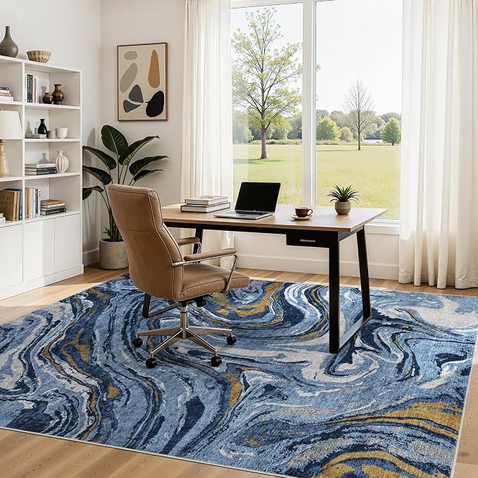 DMOYEST 6x9 Area Rug for Living Room - Washable Neutral Modern Abstract Rugs Soft Non-Slip Carpet Low Pile Indoor Floor Mat for Bedroom & Dining Room Decor for Families with Kids and Pets - Dark Blue