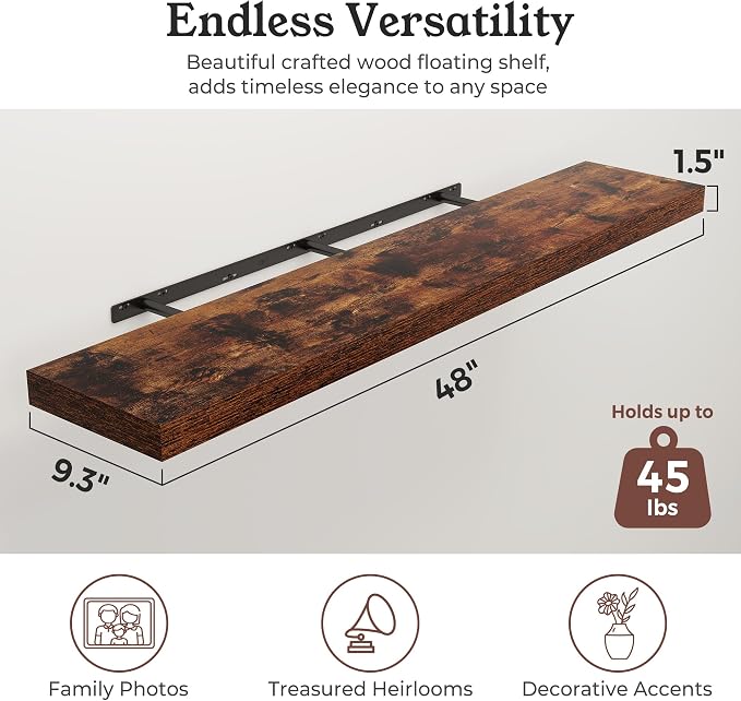 Floating Shelves for Wall, 9.3" Deep Wall Mounted Wood Shelves for Bathroom, Bedroom, 48" Width, 1 Pc