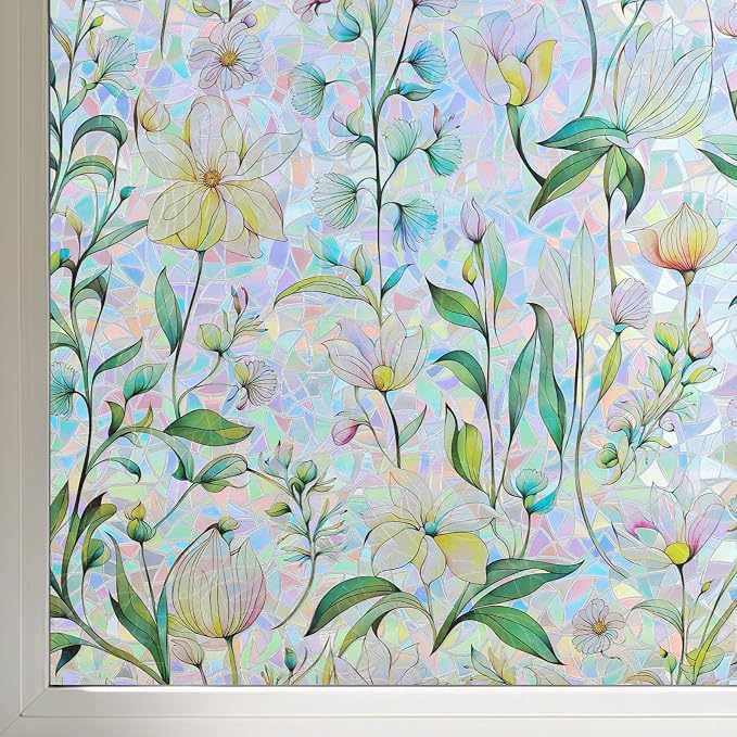 FINNEZ Window Privacy Film Stain Glass Film Flowers Rainbow Window Film Window Clings Non-Adhesive Reusable Decorative for Home（Forest Rainbow，23.6 Inch x 6.5 Feet）
