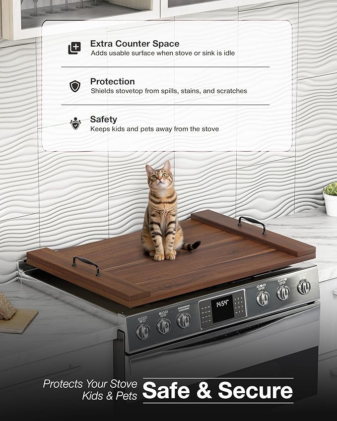BLUEWEST Noodle Board Stove Cover, Acacia Wood Stove Top Covers Board for Gas Burners and Electric Stove, Extra Thick Wooden RV Stovetop Cover/Sink Cover - Tray for Kitchen Counter Space
