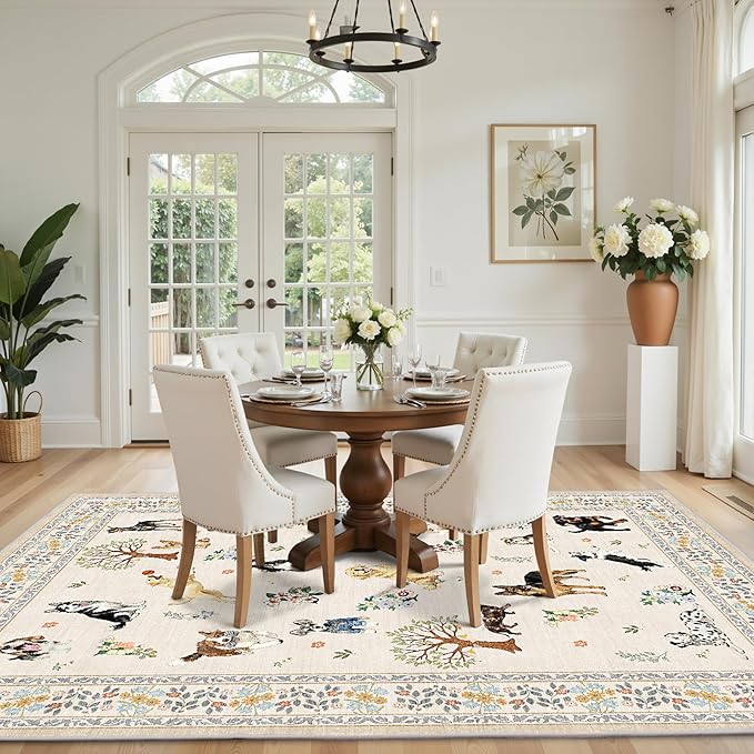 Beige Area Rugs 9x12 Living Room, Washable Dog Rug Non Slip Floral Low Pile Large Rug for Living Room, Bedroom, Farmhouse, Dining Room, Kids Playroom(9 x 12, Beige)
