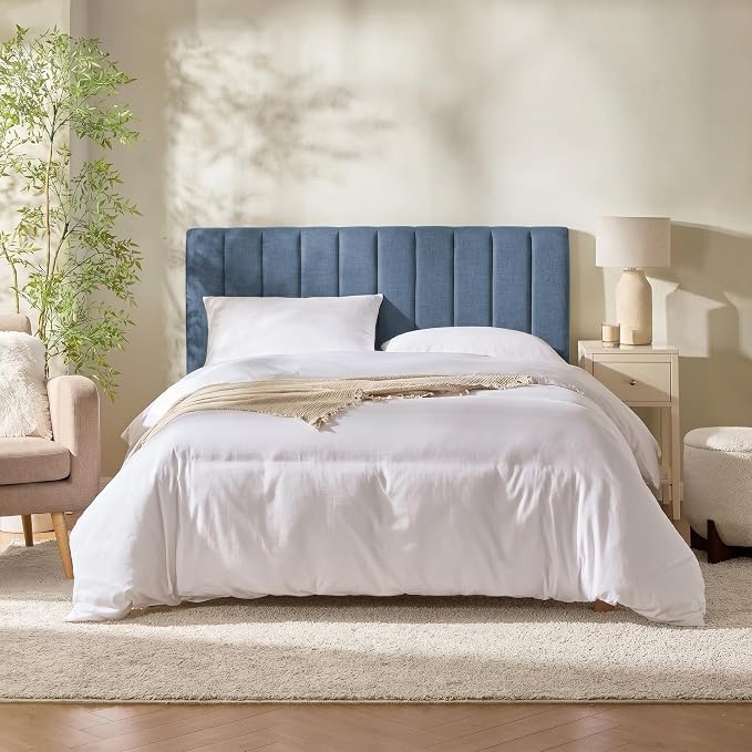 Hearth & Harbor Upholstered Full Headboard - Easy Assemble Channel Stitched Headboard Full Size - Wall Mounted Headboards with 3D Soundproof Wall Panels Peel & Stick Floating Headboards, Slate Blue