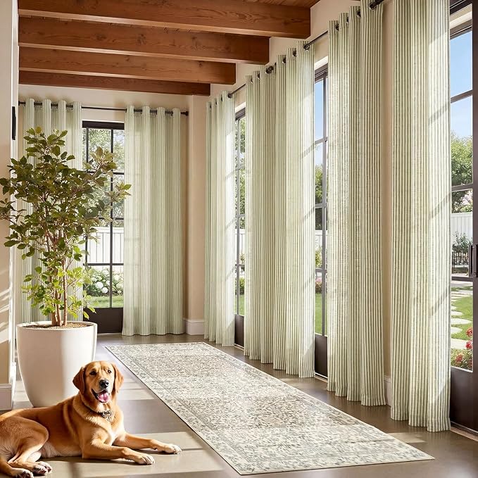 jinchan Linen Curtains 108 inch Sage Green Stripe on Beige Grommet 2 Panels | Curtains for Living Room Bedroom,Ticking Stripe Pattern,Pinstripe Farmhouse Rustic,Window Treatment,Light Filtering